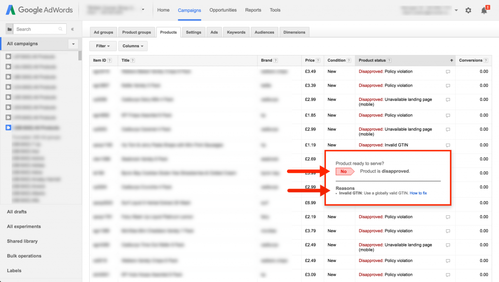 adwords products tab example