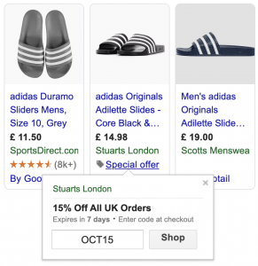 Google Shopping result showing an offer (adidas slides) including a 'percent off discount' and a discount code