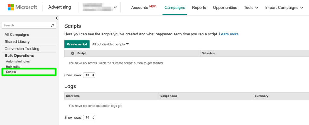 Log into your Microsoft Advertising account > Under Bulk Operations click on Scripts