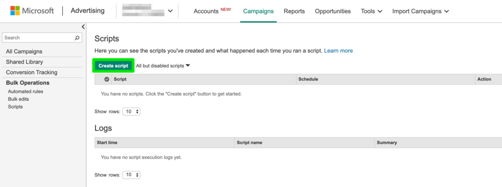 Within the Microsoft Advertising dashboard click on Create script