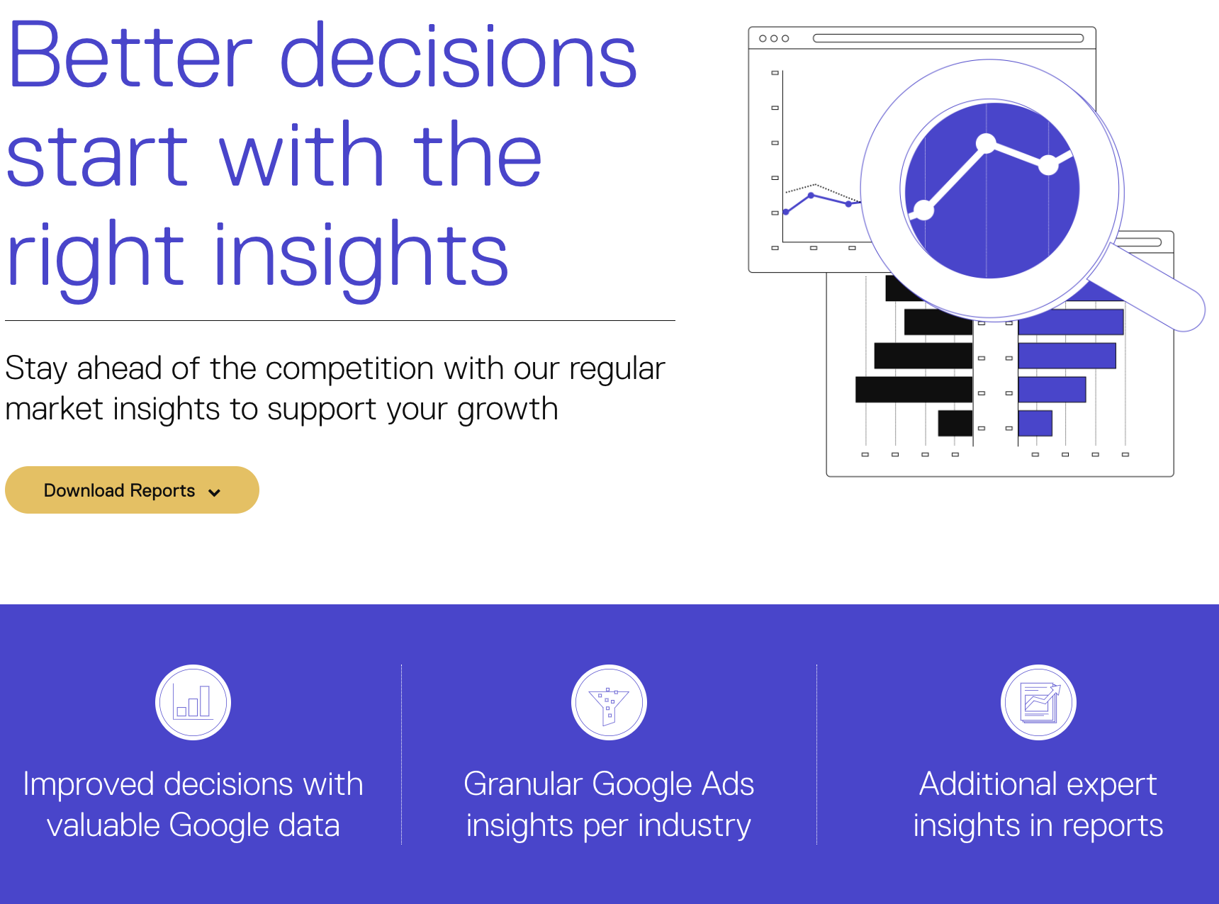 A picture of smec's website showing the "Trends and Reports" section, offering detailed Google ads insights into your industry. 