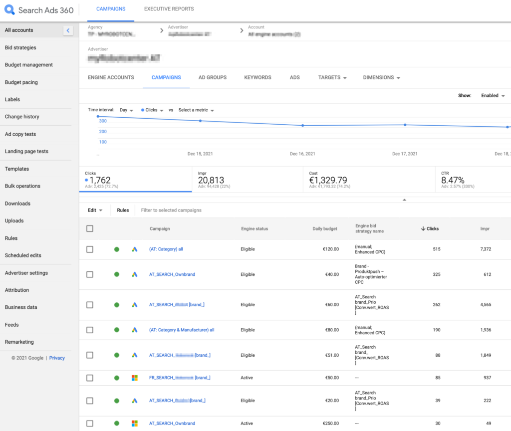 This image shows an overview of campaigns in SA360. Campaigns include both Google Ads and Microsoft ones.